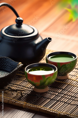 Asian tea set. Japanese teapot and cups on bamboo mat. generative ai. Hot tea in pot and teacups