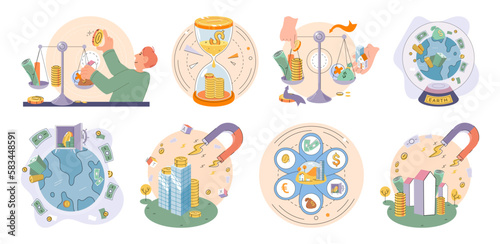 Businessman investor with coins. Employee or entrepreneur puts money in piles, calculates profit. Financial literacy and passive income, successful investor. Person stands holding bag of money