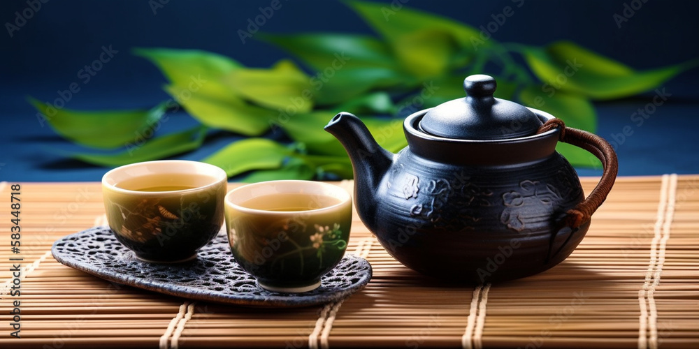 Asian tea set. Japanese teapot and cups on bamboo mat. generative ai. Hot tea in pot and teacups - obrazy, fototapety, plakaty 