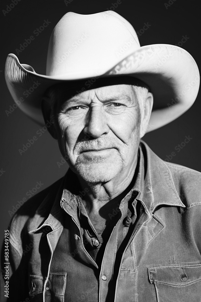 A senior adult wearing an iconic black and white cowboy fedora, embodying the spirit of the Wild West.made with generative AI