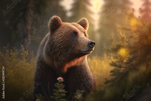Brown bear in the forest. Generative AI.