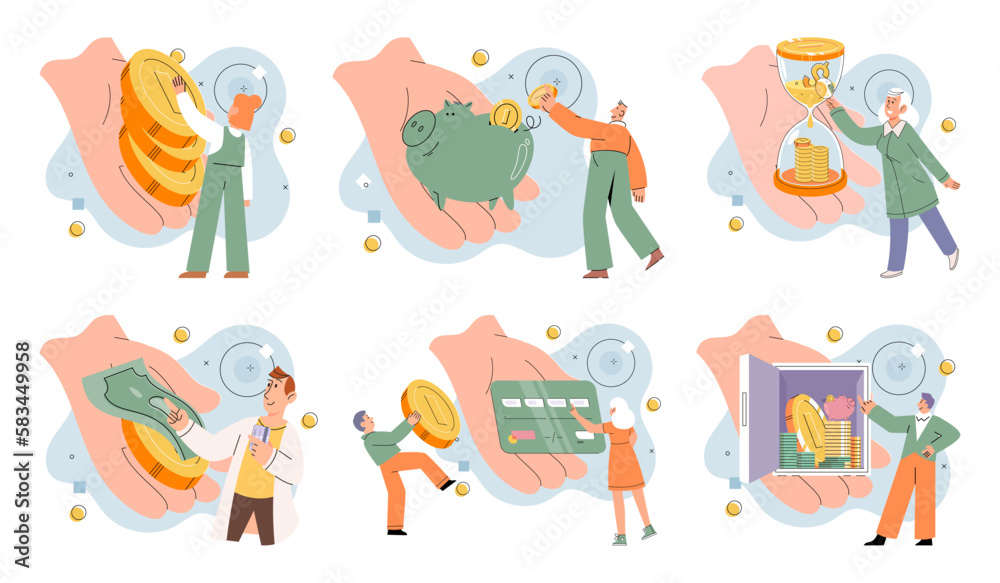 Golden coins pile, magnet and money. Financial literacy metaphor for passive income vector set. Rental activity income, upfront investment, accelerate your financial goals, savings accounts