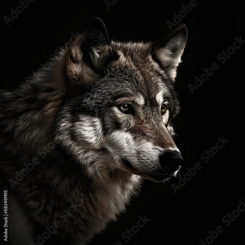 Close wolf portrait on black background - Generative AI