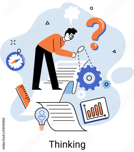 Problem solving metaphor, wondering or thinking, planning or pondering, with question mark. Creative thought idea. Brainstorming, idea and fantasy, motivation and inspiration, finding solution, answer