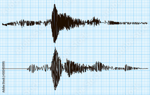 Double seismogram of seismic activity or lie detector record on blue chart paper. Earthquake audio wave diagram. Ground motion, volcano eruption. Polygraph or seismograph. Vector illustration