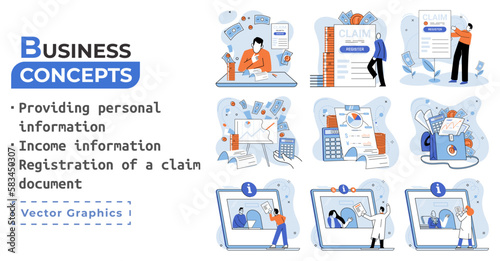 Registration of claim form register document, providing personal information, income information vector set. Employer form, earnings statement documents. Tax, financial and accounting reporting