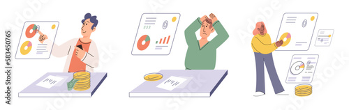 Budget plan concept. Evaluates income and expenses, analyzes investments and savings. Financial literacy and economics, accounting. Planning and distribution of money. Income and expenses report