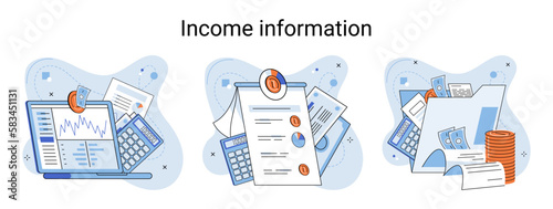 Income information vector set, business profitability indicator, entrepreneurial activity and accounting. Registration of claim form document, providing personal information, financial report for tax