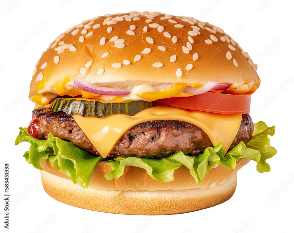 Beef Burger Isolated. Illustration AI Generative
