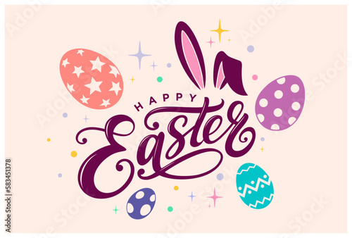 Easter greeting card with eggs, Happy easter printable banner, Easter convention poster, Easter backdrop with colorful eggs, bunny ears & cute happy easter calligraphy lettering