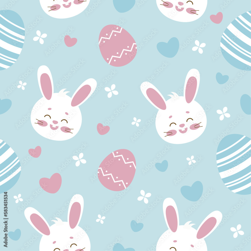 easter pattern bunnies and eggs on blue background