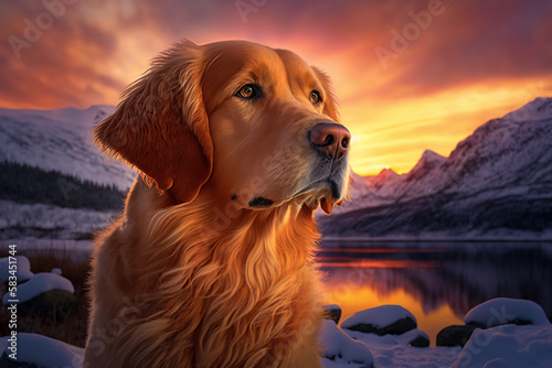 Golden retriever. generative ai. Winter dog portrait. Portrait of a golden retriever dog