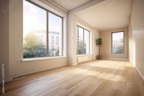 A vacant corner of the room with beige walls  three sizable windows in white  a light glossy parquet floor  and a white plinth. With a Work Path on the Windows  the perspective view. Ultra HD 8