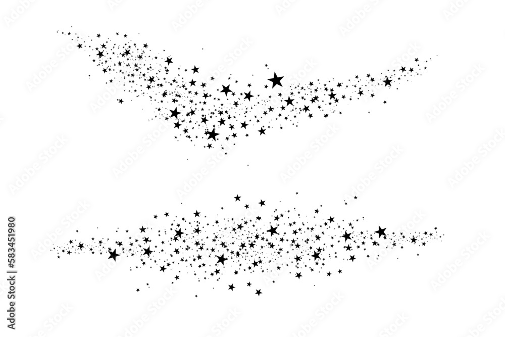 The stars are black on a white background. The black star shoots with an elegant star. Meteoroid, comet, asteroid, stars.