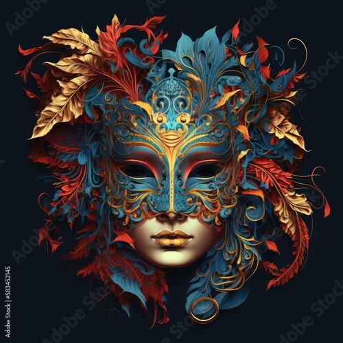 Venetian carnival mask, intricate design and details on a dark background. Front view. Generative AI illustration. © Vitaly Art