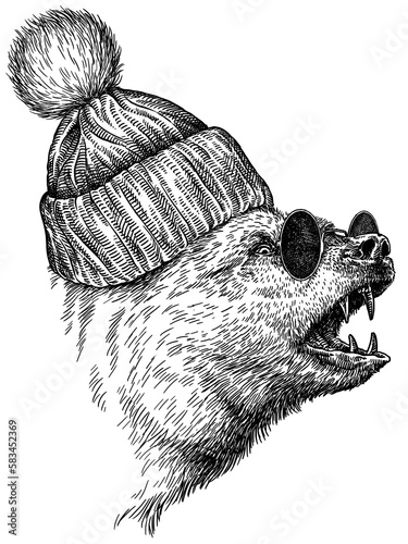 Wallpaper Mural Vintage engrave isolated black bear set dressed fashion illustration ink costume sunglasses sketch. American grizzly background asian animal silhouette glasses hipster hat art Torontodigital.ca