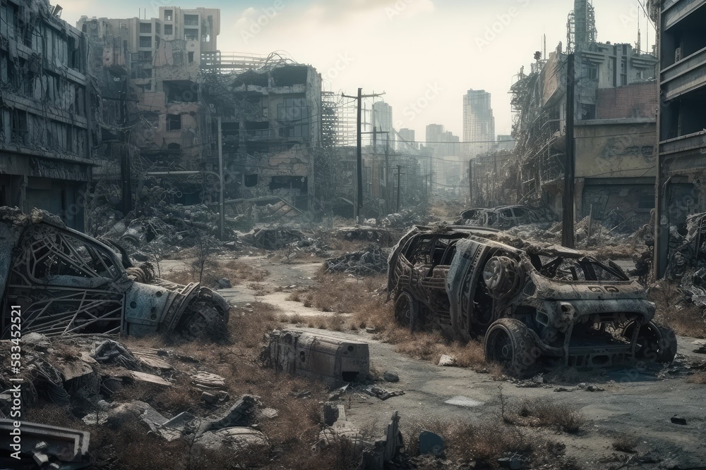 A cyberpunk wasteland city with mechanical skeletons decomposing on the ground realistic, generative AI