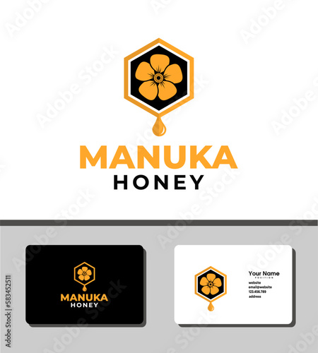 Simple and outstanding logo template design that illustrates a simple honeycomb icon and manuka flower