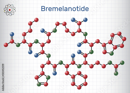 Bremelanotide molecule. It is 7 amino acid peptide used to treat hypoactive sexual desire disorder in women. Structural chemical formula, molecule model. Sheet of paper in a cage