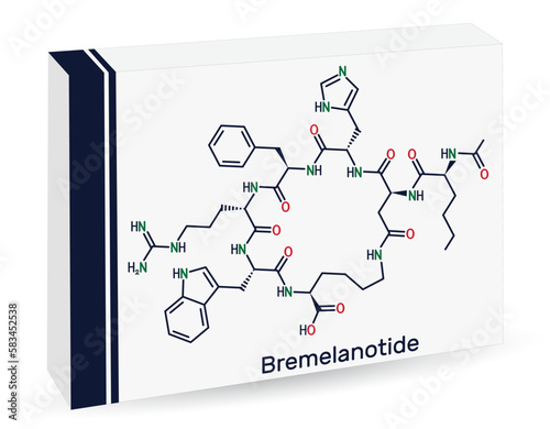 Bremelanotide molecule. It is 7 amino acid peptide used to treat hypoactive sexual desire disorder in women. Skeletal chemical formula. Paper packaging for drugs. photo