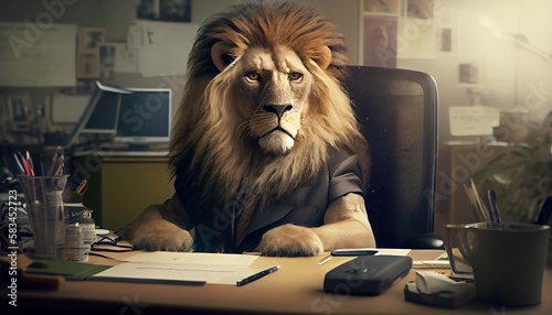 Lion's Head wearing a business suit, sitting behind desk, working in office, professionalism and authority. Lion strength, courage, and leadership. The business suit, corporate world. © ArtStage