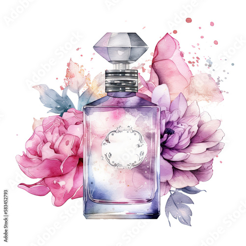 Perfume bottle with flowers. Illustration AI Generative.