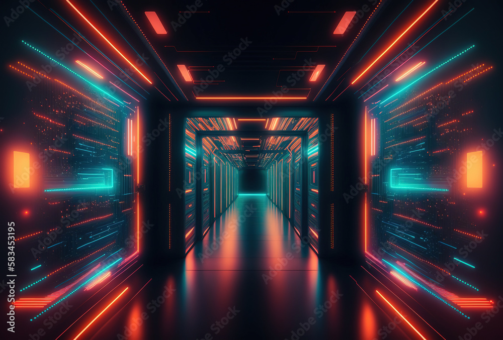 A fantastic neon tunnel, the corridor of a spaceship. Immersion in virtual reality, artificial intelligence. Dark abstract background with multicolored glow. 3D rendering. AI generated.