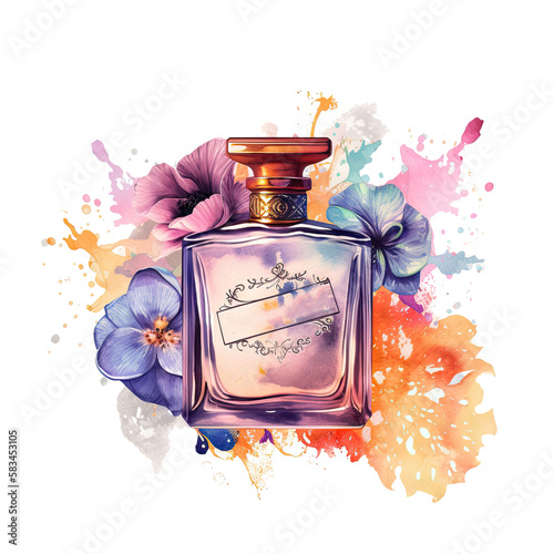 Perfume bottle with flowers. Illustration AI Generative.