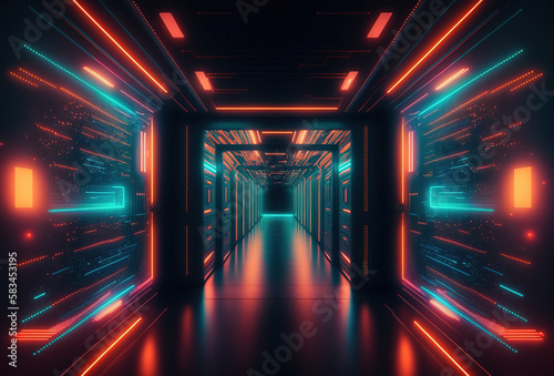 A fantastic neon tunnel, the corridor of a spaceship. Immersion in virtual reality, artificial intelligence. Dark abstract background with multicolored glow. 3D rendering. AI generated.