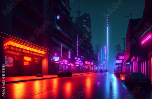 Wallpaper Mural Illustration of a bustling urban street at night illuminated by colorful neon lights created with Generative AI technology Torontodigital.ca
