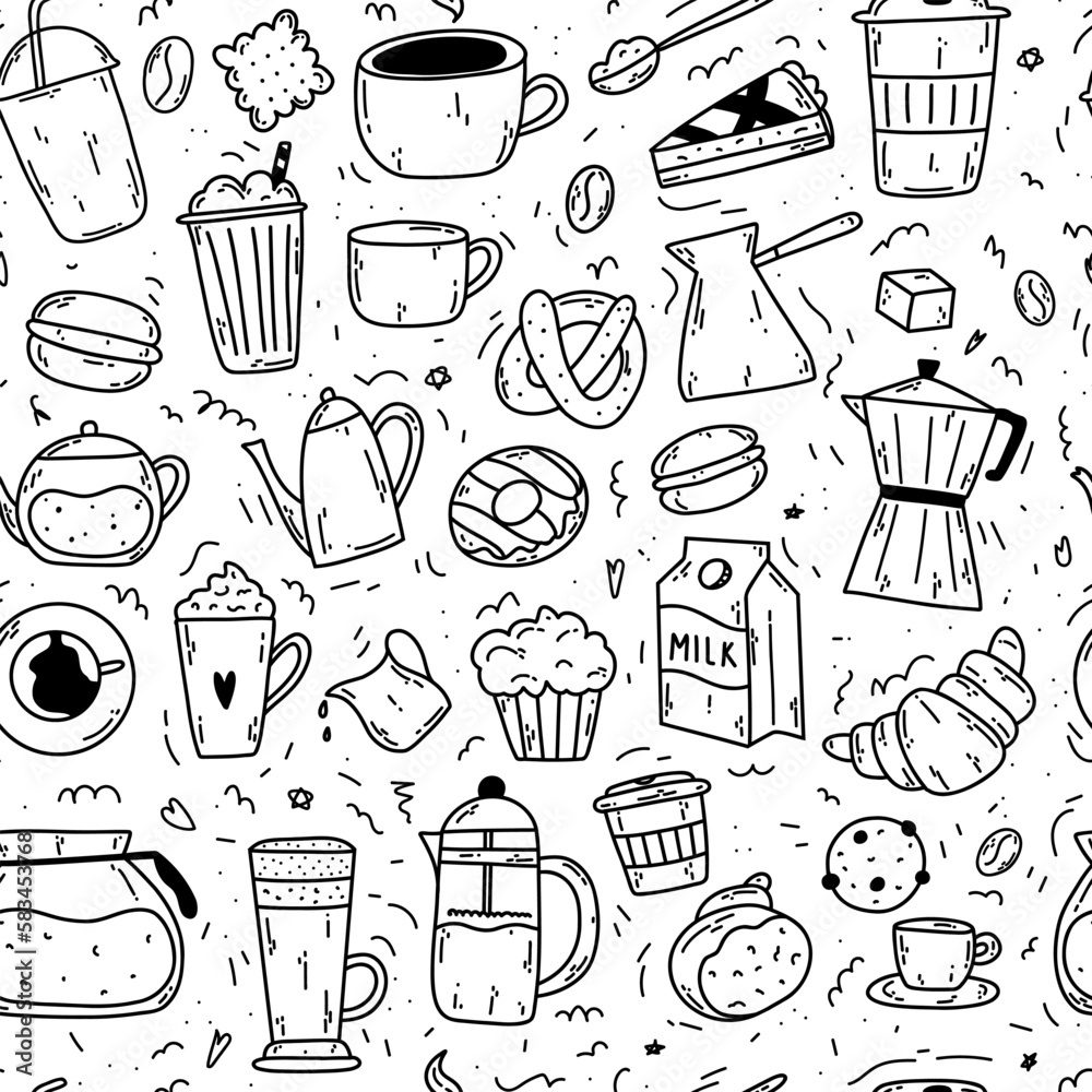Seamless pattern with doodle coffee items as coffee makers, cups, bakery, milk, cookies, croissant, donut, macaron for wrapping paper, textile, print, poster menu Seamless pattern with doodle coffee items as coffee makers, cups, bakery, milk, cookies, croissant, donut, macaron for wrapping paper, textile, print, poster menu