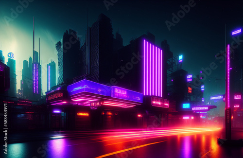 Illustration of a bustling urban street at night illuminated by colorful neon lights created with Generative AI technology