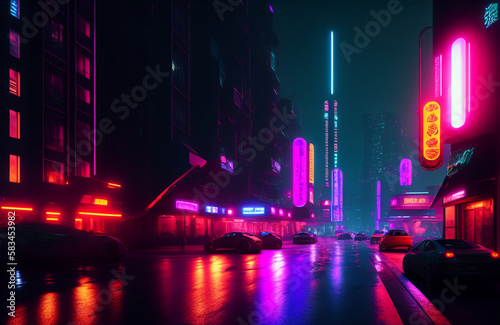 Illustration of a bustling urban street at night illuminated by colorful neon lights created with Generative AI technology