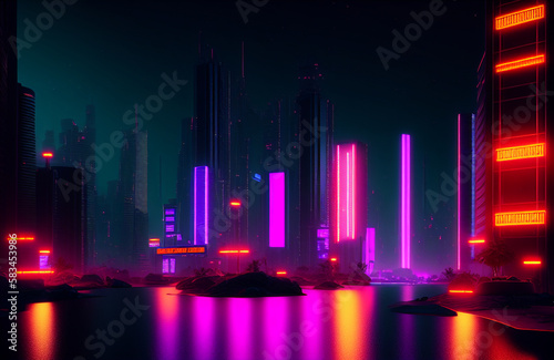 Illustration of a bustling urban street at night illuminated by colorful neon lights created with Generative AI technology