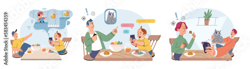 Children at home with phones and tablets set. Kids, toddlers use smart technologies lying in bed before going to sleep. Kids surfing social media, playing game, chatting by video call and use internet