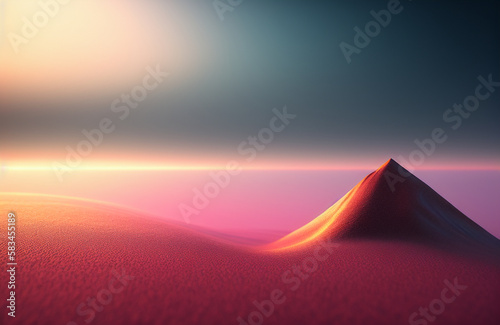 Illustration of a majestic snow-capped mountain peak with a vibrant sun rising in the distance created with Generative AI technology
