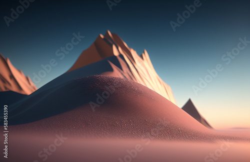 Illustration of a majestic snow-capped mountain peak with a vibrant sun rising in the distance created with Generative AI technology
