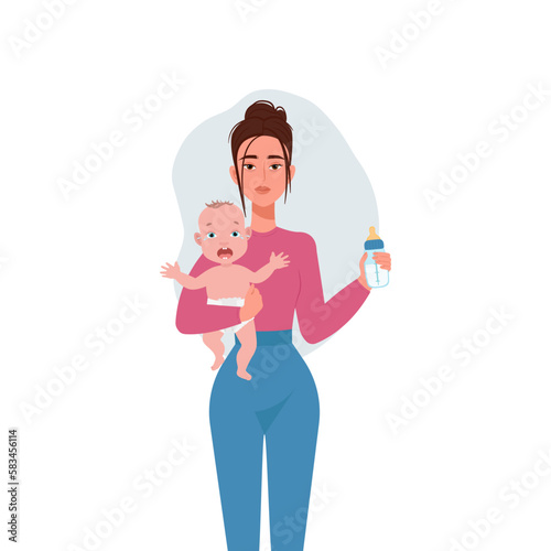 Tired woman prepares food, Routine and housework of a housewife. Vector illustration in flat style.