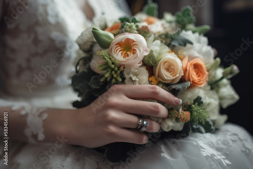 hands of bride with rings and flowers wedding
 photo