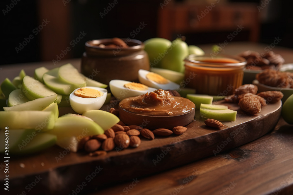 vegetables with meat and spices on a table and fruit
