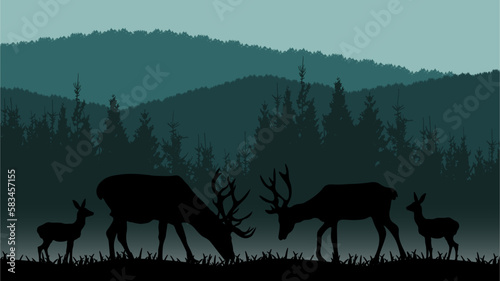 Black silhouette of fir trees and wild deer  landscape panorama illustration icon vector for forest wildlife adventure camping logo  isolated on white background