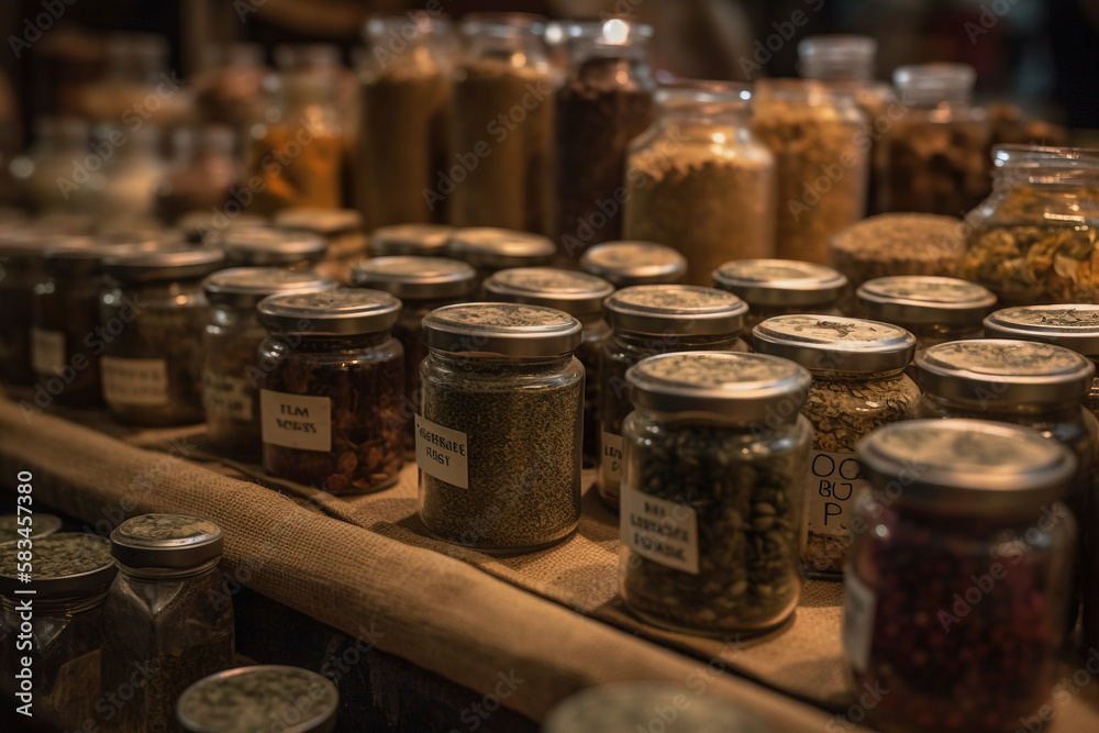 spices and herbs in a shop in different colors
