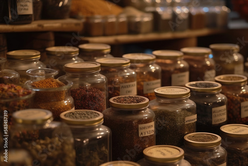 spices and herbs in a shop in different colors 