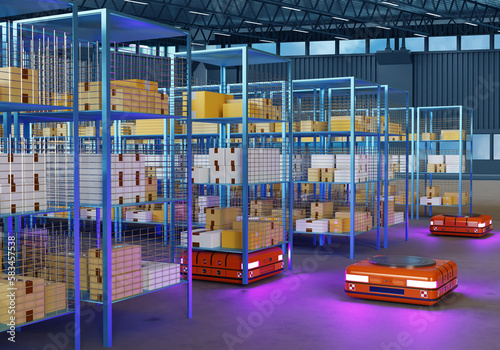 Logistic process. Warehouse with robots. Robots for moving racks. Automated guided vehicles. Orange robots in warehouse without people. Logistic autonomous storage. Storehouse building. 3d image