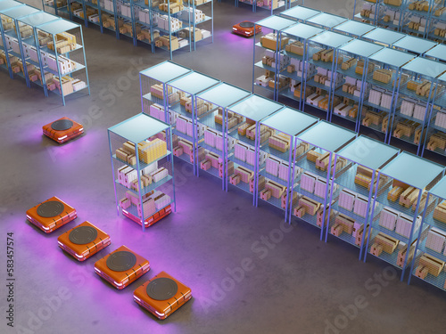 Smart factory. Plant warehouse with robots. Production building without people. Storage factory with autonomous robots. Automation of factory. Robotized storage with boxes on shelves. 3d image