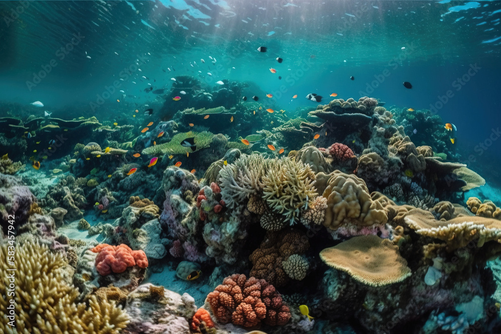 Fototapeta premium coral reef and fishes sea life underwater nature tropical blue 