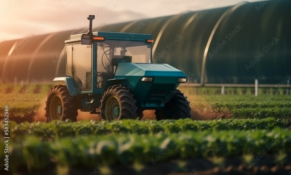 Fototapeta premium Agriculture robotic and autonomous car working in smart farm, Future 5G technology with smart agriculture farming concept, Artificial intelligence.