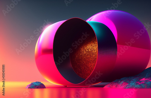 Illustration of two glossy spheres resting on a flat surface created with Generative AI technology © lndstock