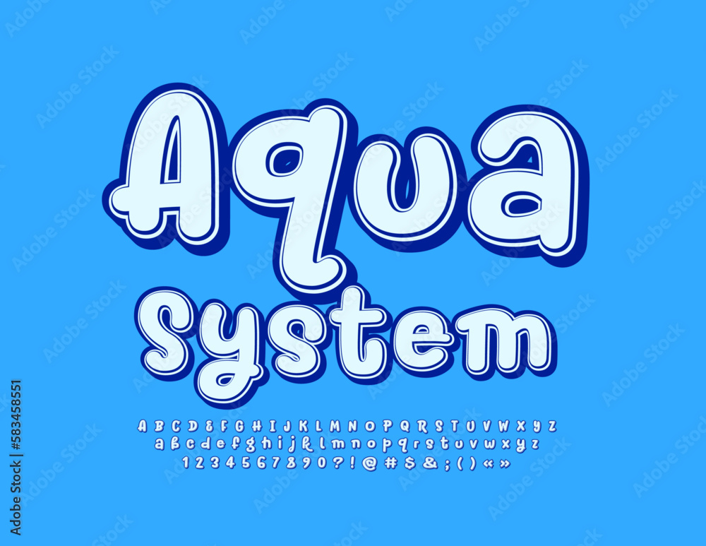 Vector bright Emblem Aqua System. Stylish handwritten  Font. Modern Alphabet Letters and Numbers