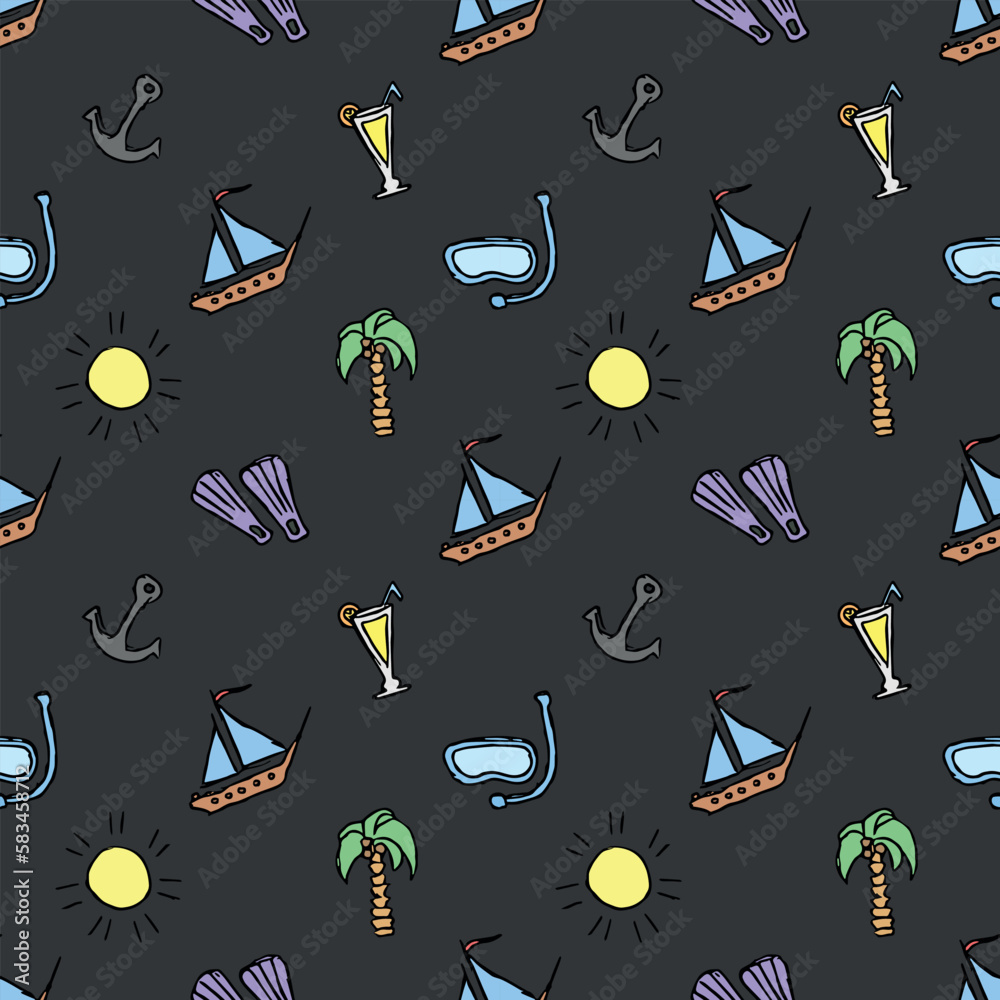 Obraz premium Summer seamless pattern. travel background. Travel vacation set of icons, journey and trip background. Doodle summer travel icons. Vacation vector pattern with travel icons